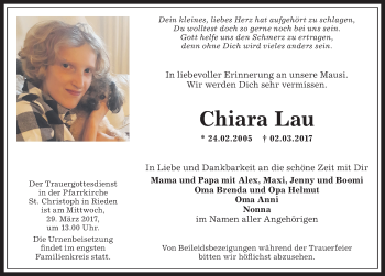 Traueranzeige von Chiara Lau von Allgäuer Anzeigeblatt
