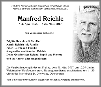 Traueranzeige von Manfred Reichle von Allgäuer Zeitung, Kaufbeuren/Buchloe