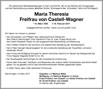 Traueranzeige von Maria Theresia Freifrau von Castell-Wagner von Allgäuer Zeitung