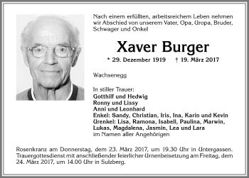Traueranzeige von Xaver Burger von Allgäuer Zeitung,Kempten