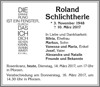 Traueranzeige von Roland Schlichtherle von Allgäuer Zeitung, Kaufbeuren/Buchloe