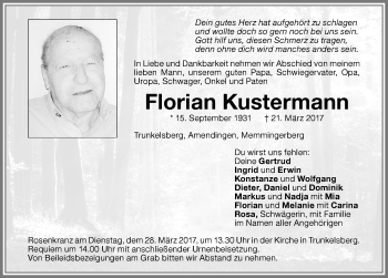 Traueranzeige von Florian Kustermann von Memminger Zeitung