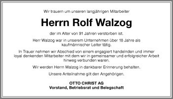 Traueranzeige von Rolf Walzog von Memminger Zeitung
