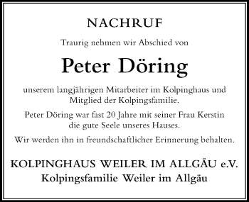Traueranzeige von Peter Döring von Der Westallgäuer