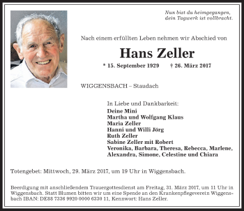 Traueranzeige von Hans Zeller von Allgäuer Anzeigeblatt