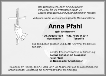 Traueranzeige von Anna Pfahl von Memminger Zeitung