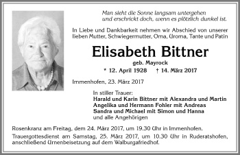 Traueranzeige von Elisabeth Bittner von Allgäuer Zeitung, Marktoberdorf