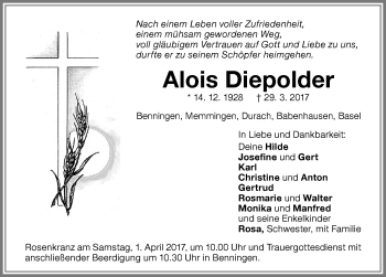 Traueranzeige von Alois Diepolder von Memminger Zeitung