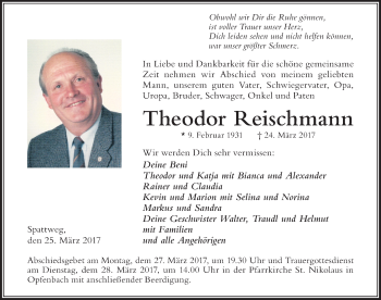 Traueranzeige von Theodor Reischmann von Der Westallgäuer