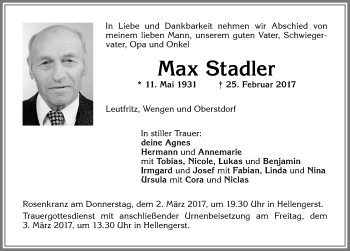Traueranzeige von Max Stadler von Allgäuer Zeitung,Kempten