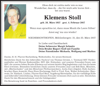 Traueranzeige von Klemens Stoll von Allgäuer Anzeigeblatt