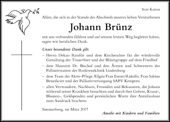 Traueranzeige von Johann Brünz von Der Westallgäuer