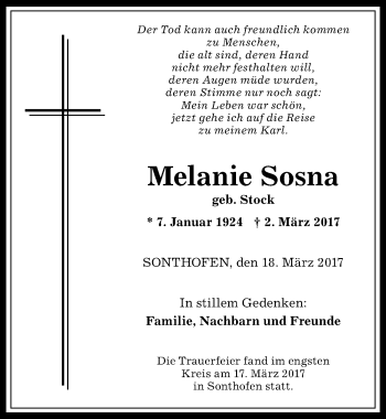 Traueranzeige von Melanie Sosna von Allgäuer Anzeigeblatt