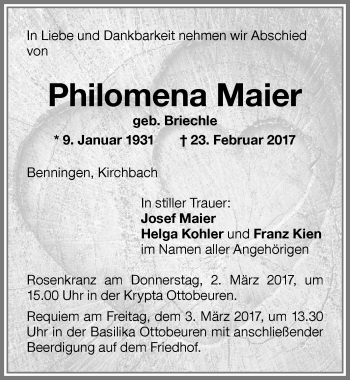 Traueranzeige von Philomena Maier von Memminger Zeitung