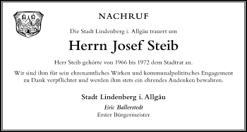 Traueranzeige von Josef Steib von Der Westallgäuer