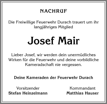 Traueranzeige von Josef Mair von Allgäuer Zeitung,Kempten