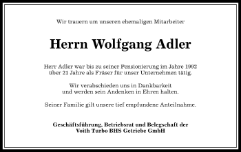 Traueranzeige von Wolfgang Adler von Allgäuer Anzeigeblatt