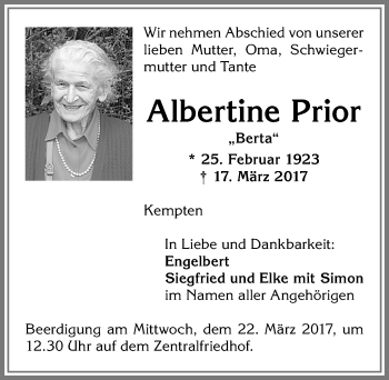 Traueranzeige von Albertine Prior von Allgäuer Zeitung,Kempten