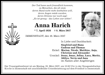 Traueranzeige von Anna Harich von Allgäuer Anzeigeblatt