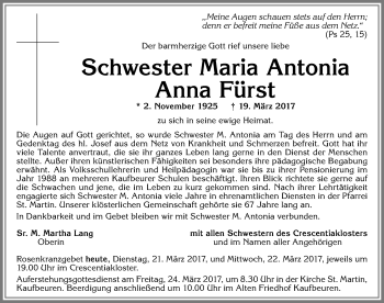 Traueranzeige von Maria Antonia Anna Fürst von Allgäuer Zeitung, Kaufbeuren/Buchloe