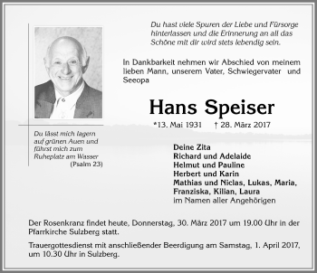 Traueranzeige von Hans Speiser von Allgäuer Zeitung,Kempten