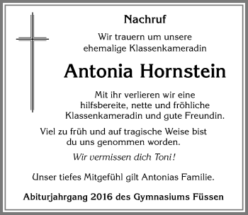 Traueranzeige von Antonia Hornstein von Allgäuer Zeitung, Füssen