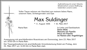 Traueranzeige von Max Suldinger von Allgäuer Zeitung,Kempten