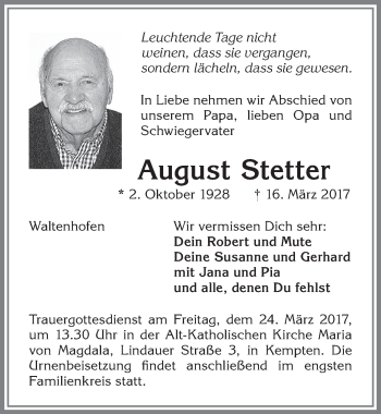 Traueranzeige von August Stetter von Allgäuer Zeitung,Kempten