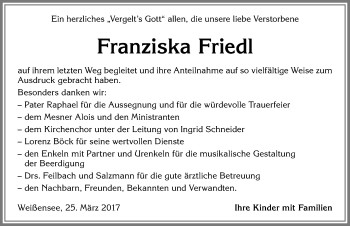 Traueranzeige von Franziska Friedl von Allgäuer Zeitung, Füssen