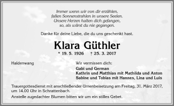 Traueranzeige von Klara Güthler von Allgäuer Zeitung,Kempten
