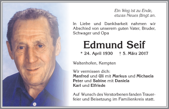 Traueranzeige von Edmund Seif von Allgäuer Zeitung,Kempten