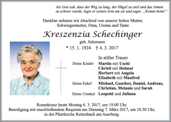 Traueranzeige von Kreszenzia Schechinger von Allgäuer Zeitung, Marktoberdorf
