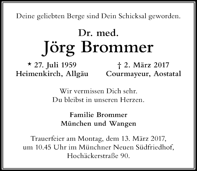  Traueranzeige für Jörg Brommer vom 09.03.2017 aus Der Westallgäuer