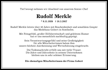 Traueranzeige von Rudolf Merkle von Allgäuer Anzeigeblatt
