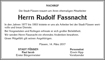 Traueranzeige von Rudolf Fassnacht von Allgäuer Zeitung, Füssen