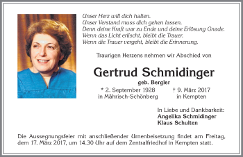 Traueranzeige von Gertrud Schmidinger von Allgäuer Zeitung,Kempten