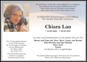 Traueranzeige von Chiara Lau von Allgäuer Zeitung,Kempten