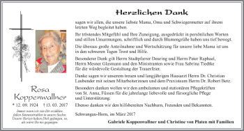 Traueranzeige von Rosa Koppenwallner von Allgäuer Zeitung, Füssen