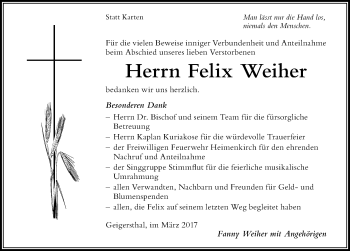 Traueranzeige von Felix Weiher von Der Westallgäuer