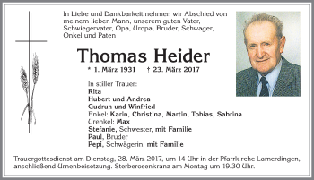 Traueranzeige von Thomas Heider von Allgäuer Zeitung, Kaufbeuren/Buchloe