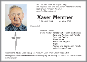 Traueranzeige von Xaver Mentner von Allgäuer Zeitung, Kaufbeuren/Buchloe