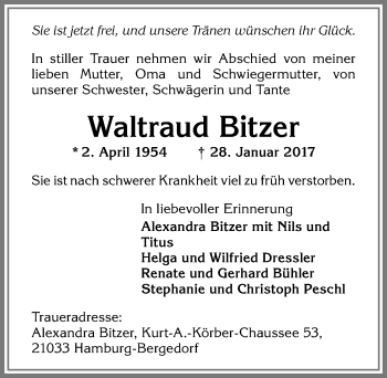 Traueranzeige von Waltraud Bitzer von Allgäuer Zeitung,Kempten