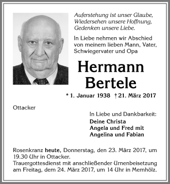 Traueranzeige von Hermann Bertele von Allgäuer Zeitung,Kempten