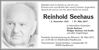 Traueranzeige von Reinhold Seehaus von Allgäuer Zeitung, Kaufbeuren/Buchloe