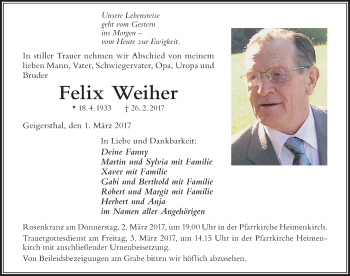 Traueranzeige von Felix Weiher von Der Westallgäuer