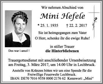 Traueranzeige von Mini Hefele von Allgäuer Zeitung, Füssen