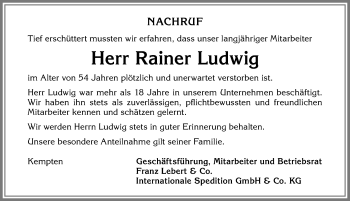 Traueranzeige von Rainer Ludwig von Allgäuer Zeitung,Kempten