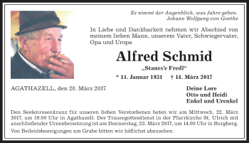 Traueranzeige von Alfred Schmid von Allgäuer Anzeigeblatt