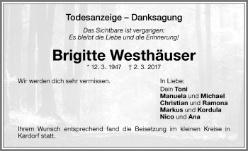 Traueranzeige von Brigitte Westhäuser von Memminger Zeitung