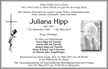 Traueranzeige von Juliane Hipp von Allgäuer Zeitung, Füssen